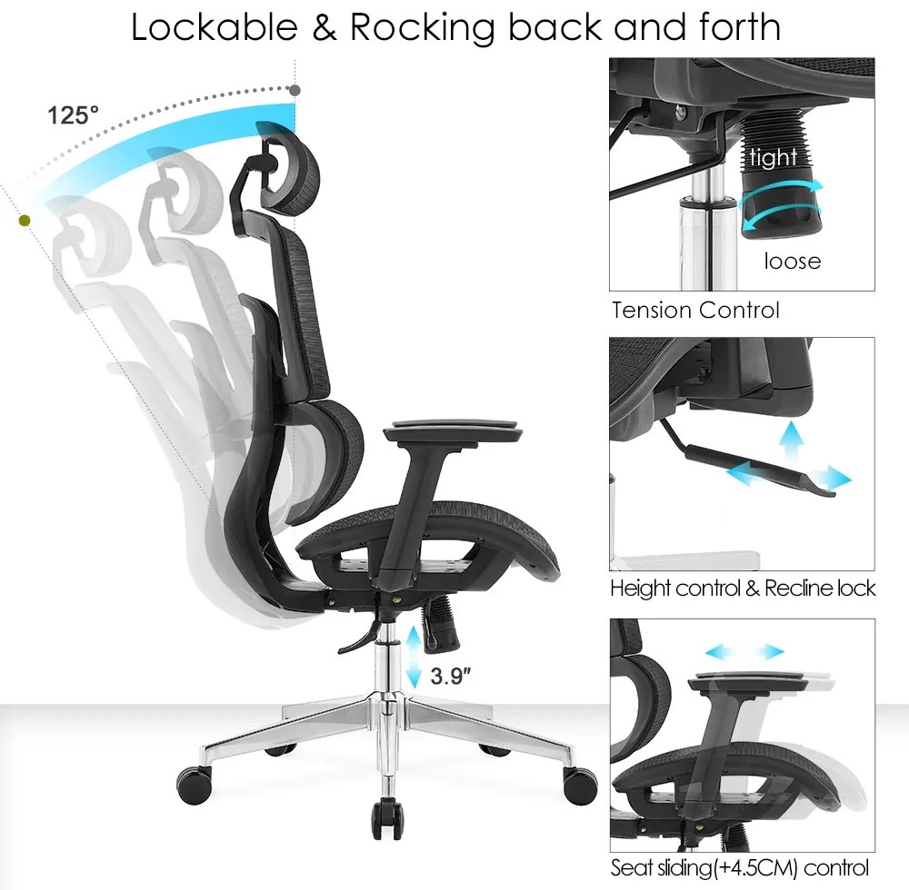 Ergodynamic Gary H - Scaun de birou - Full mesh - black, translatie sezut, brate 3D