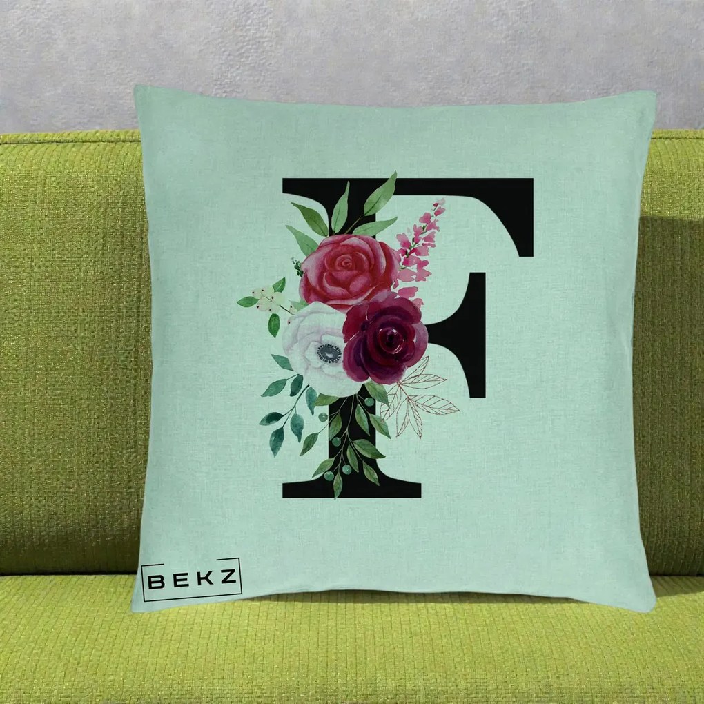 Cadou Personalizat - Perna Personalizata Monograma Florala Litera F, 40x40 cm, Verde Menta, Husa Detasabila, Perna Inclusa, BEKZ®
