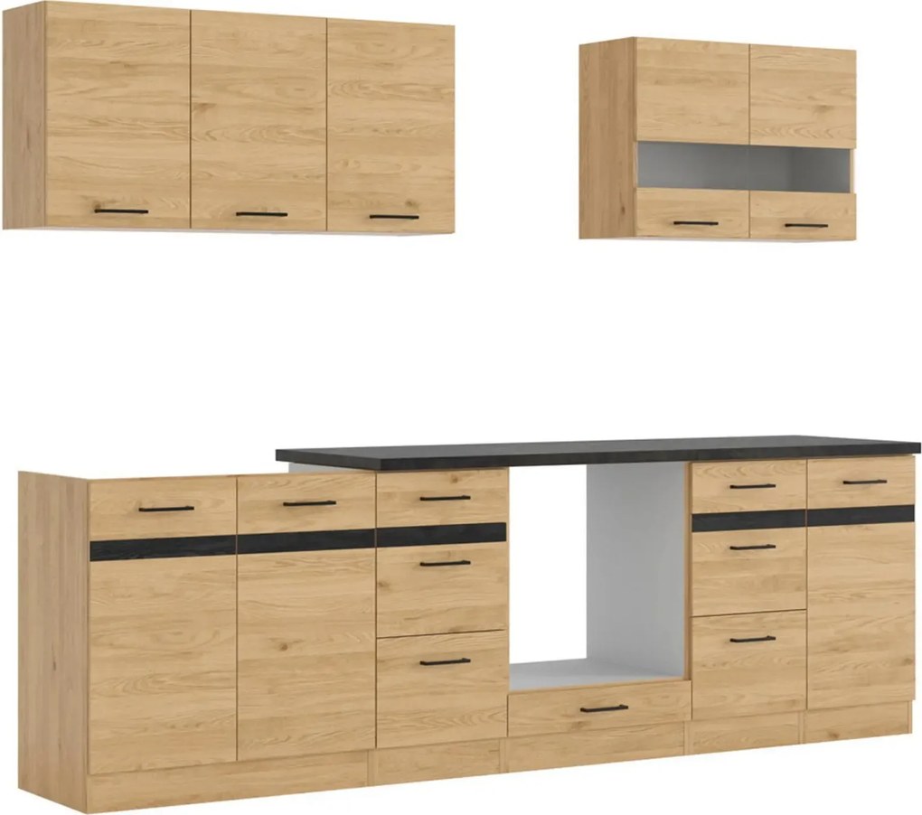 Set bucatarie JUNONA LINE, stejar, PAL, 260 cm, cu blat negru