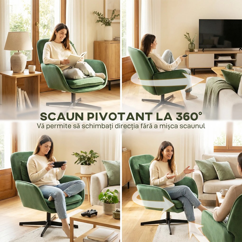 HOMCOM Fotoliu de Salon Rotativ 360° cu Pernă Lombară Detașabilă, Șezut Generos, Fotoliu Tapițat Modern din Catifea cu Cotiere, pentru Living, 73x83.5x85 cm, Verde | Aosom Romania