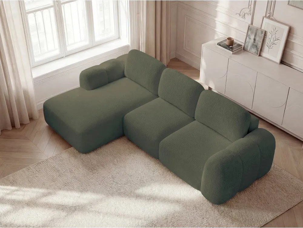 Colțar verde extensibil/cu spațiu de depozitare cu tapițerie din țesătură bouclé (cu colț pe partea stângă/cu șezlong) Montaigne – Bobochic Paris