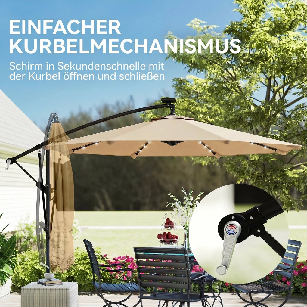 Outsunny Umbrelă de Grădină Suspendată cu LED-uri Solare, 3x3m, Bej | Aosom Romania