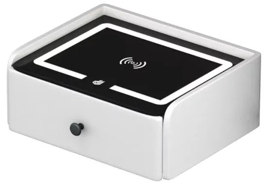 Noptieră inteligentă cu &icirc;ncărcare wireless, iluminare LED, 1 sertar de depozitare &ndash; culoare albă, design modern din sticlă și lemn