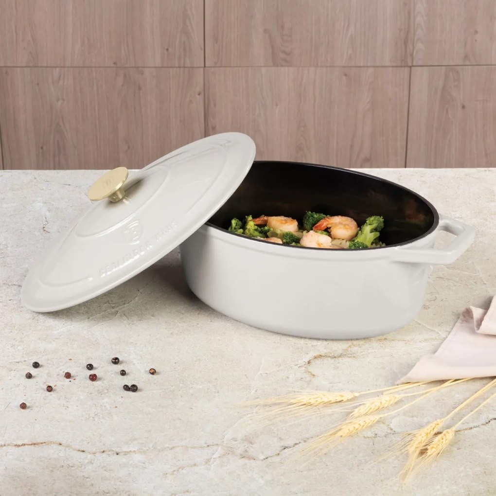 Oală din fontă emailată ovală cu capac 30 cm, 4.65L – Berlinger Haus Sahara Collection BH 6540, crem, pentru cuptor și coacere lentă