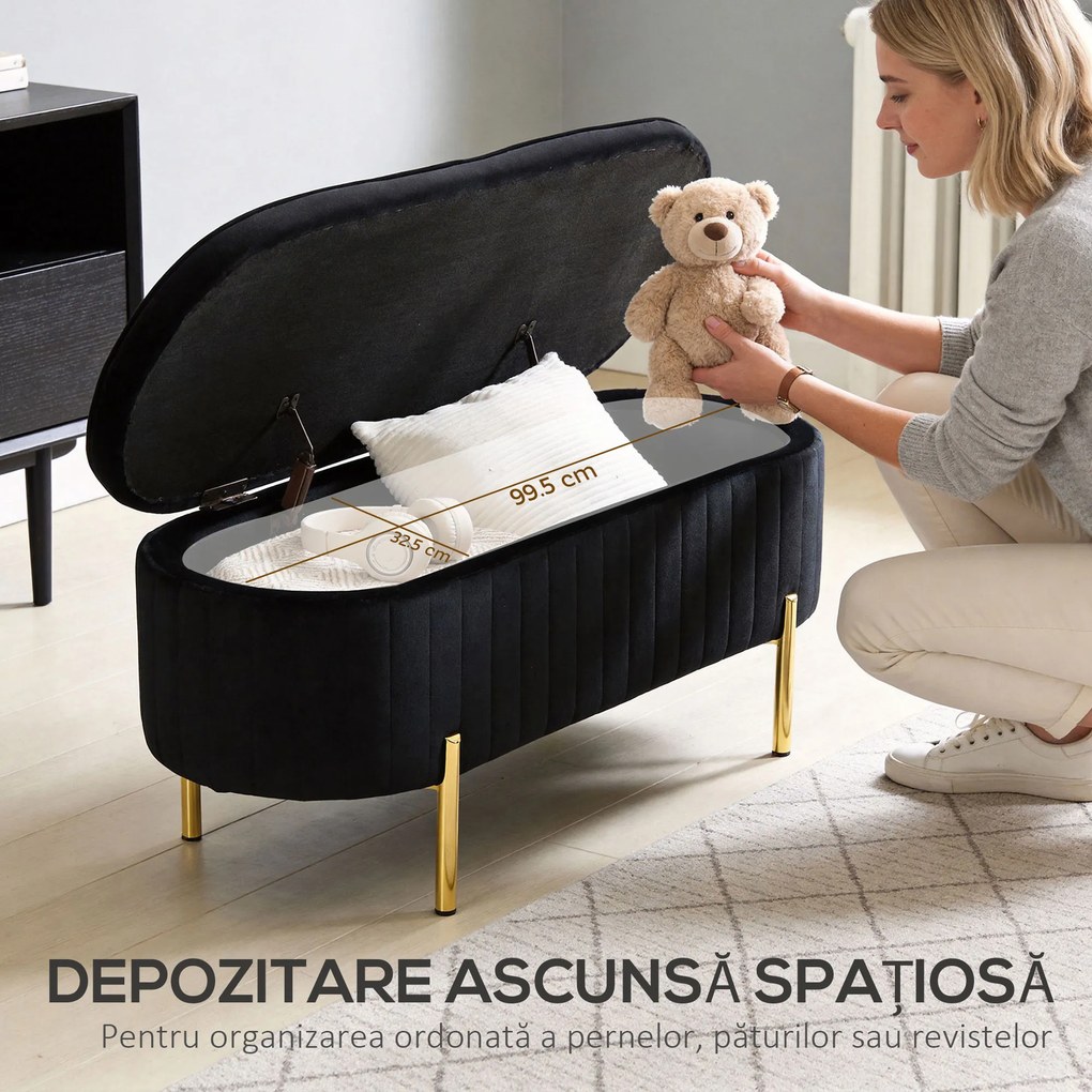 HOMCOM Bancă de Depozitare Ovală 72L cu Capac Rabatabil, din Catifea și Lemn, 108 x 44 x 43,5 cm, Negru | Aosom Romania