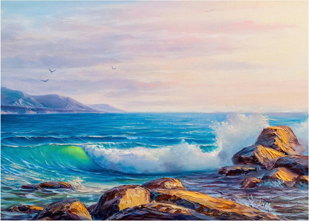 Tablou pe sticlă - Valuri lovind stânci, pictură în ulei (70x50 cm)