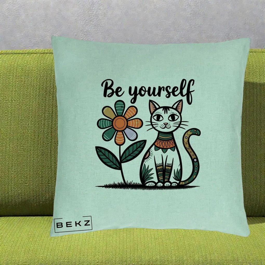 Perna Personalizata Be Yourself Pisica Folk, 40x40 cm, Verde Menta, Husa Detasabila, Perna Inclusa, BEKZ®
