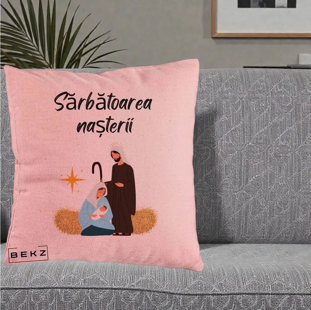 Perna Decorativa Nasterea Domnului Sfanta Familie Sarbatoarea Nasterii, 40x40 cm, Roz, Husa Detasabila, Perna Inclusa, BEKZ®