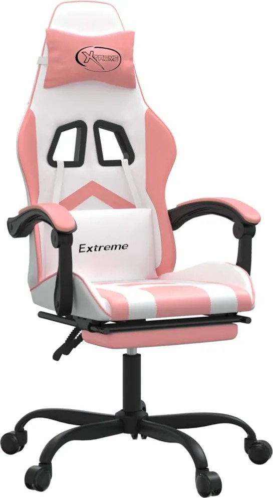 vidaXL Scaun de gaming cu suport picioare, alb/roz, piele ecologică