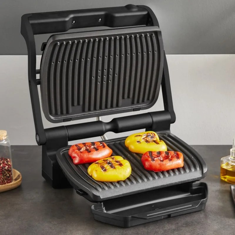 Gratar electric Tefal OptiGrill+ GC717810, 2000W, 6 programe, Acoperire antiaderenta Teflon, Ecran tactil, Smart grill, Max 240C, Negru