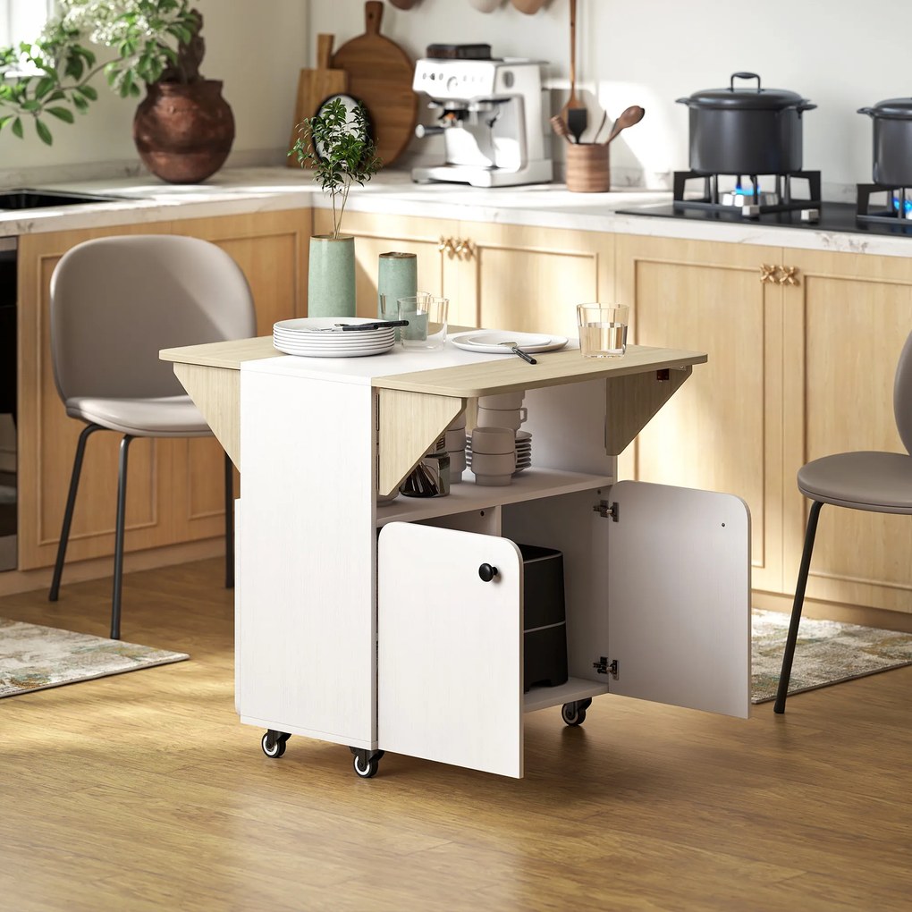 HOMCOM Masa de Dining Pliabilă cu Dulap pe Role, două părți pliabile ale mesei, Dulap, 4 Roți, Alb+Lemn natural, 70 x 83 x 75 cm | Aosom Romania