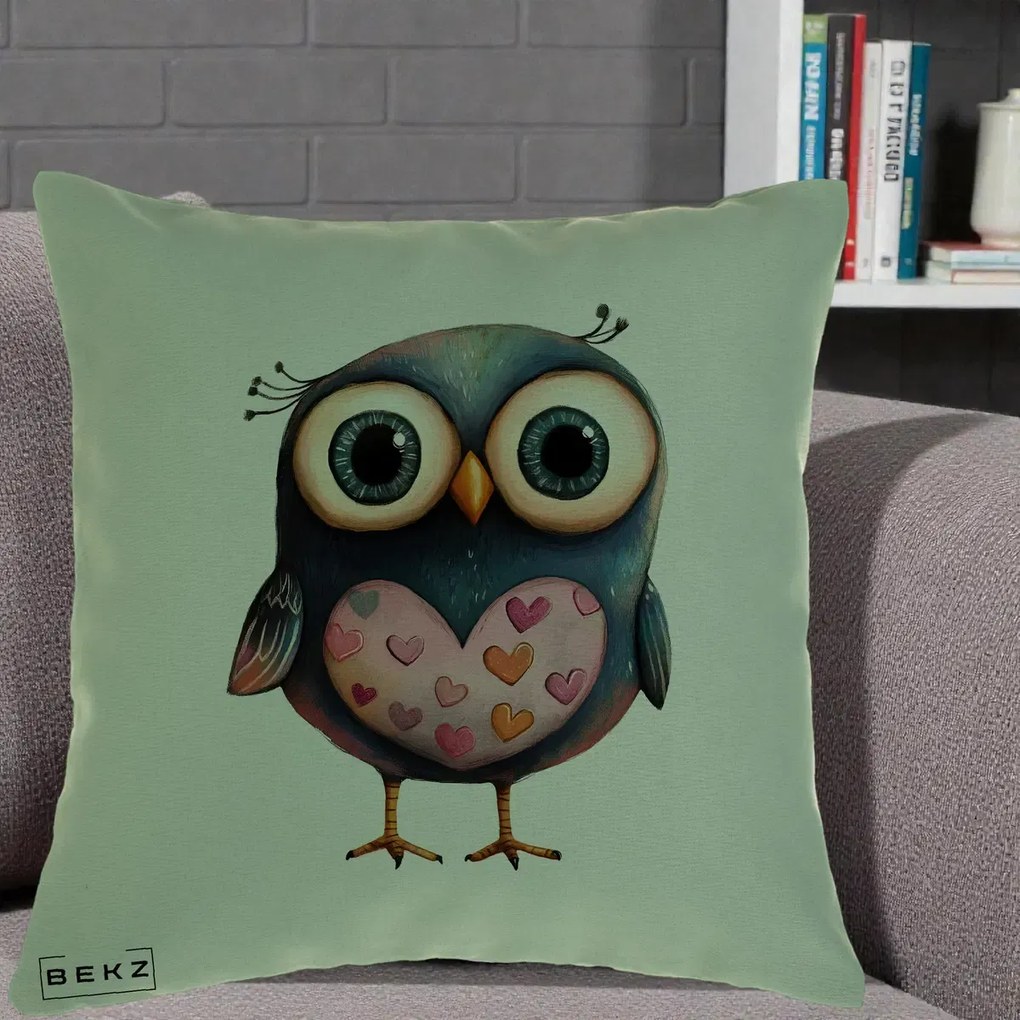 Perna Decorativa Bufnita cu Inimioare Roz, 40x40 cm, Verde, Husa Detasabila, Perna Inclusa, BEKZ®