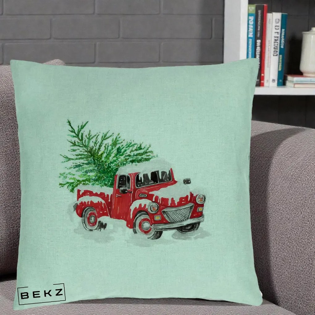 Perna Decorativa Camioneta Rosie Brad de Craciun, 40x40 cm, Verde Menta, Husa Detasabila, Perna Inclusa, BEKZ®