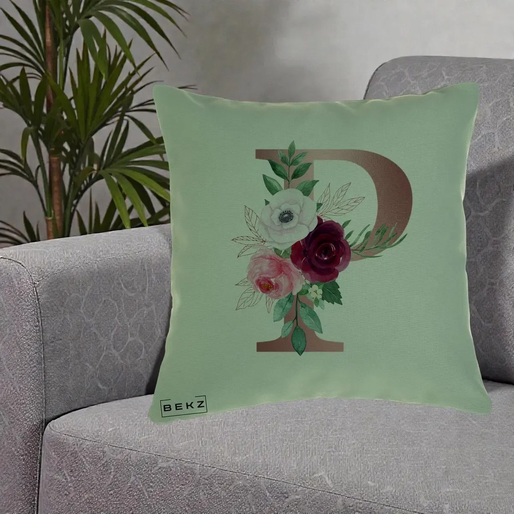 Cadou Personalizat - Perna Personalizata Monograma Rose Gold Litera P, 40x40 cm, Verde, Husa Detasabila, Perna Inclusa, BEKZ®