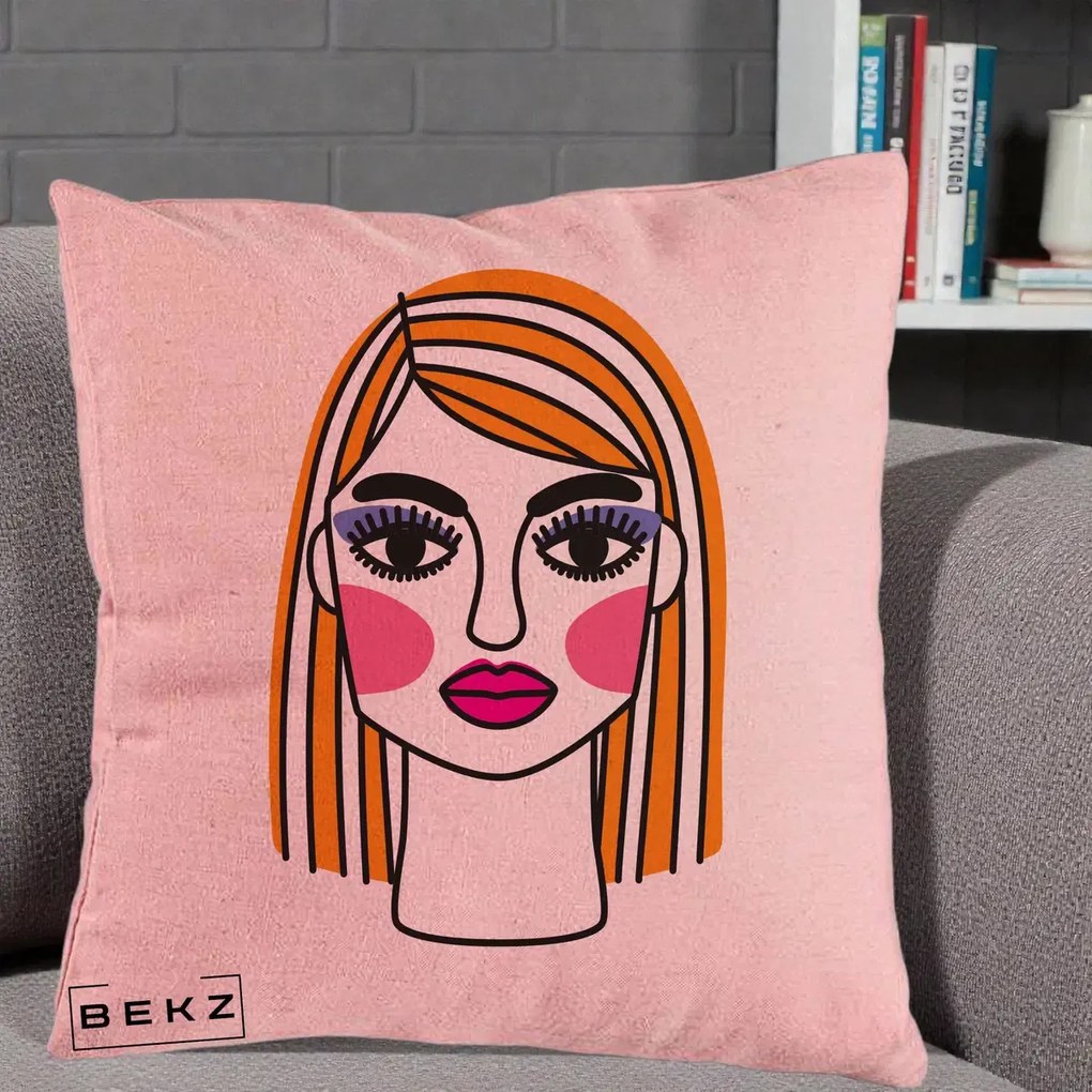 Perna Decorativa Portret Pop Art Fata, 40x40 cm, Roz, Husa Detasabila, Perna Inclusa, BEKZ®