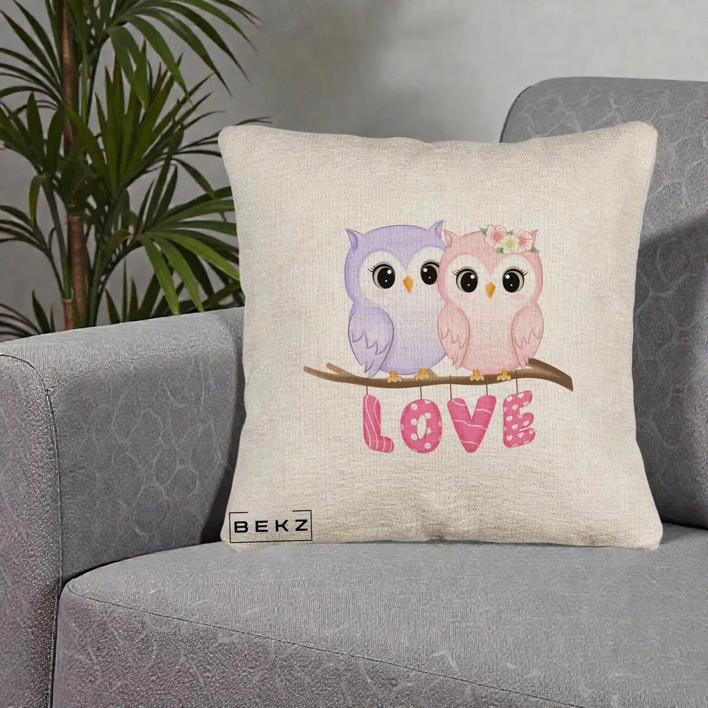Perna Decorativa Love Bufnite Indragostite pe Crenguta Roz si Mov, 40x40 cm, Bej Canapea, Husa Detasabila, Perna Inclusa, BEKZ®