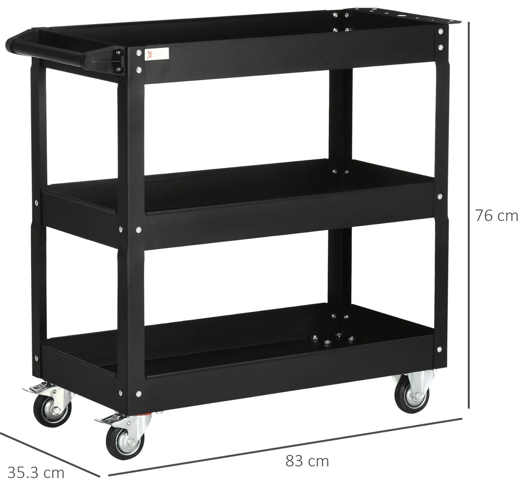 DURHAND Cărucior de Atelier cu 3 Niveluri cu Margini Înalte și 4 Roți Pivotante, 83x35,3x76 cm, Negru | Aosom Romania