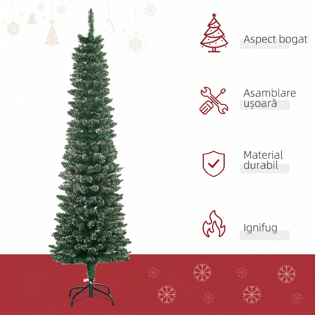 HOMCOM Brad de Crăciun Slim Nins cu 443 de Ramuri, Bază Detașabilă și Pliabilă, Ø48x165 cm, Verde | Aosom Romania