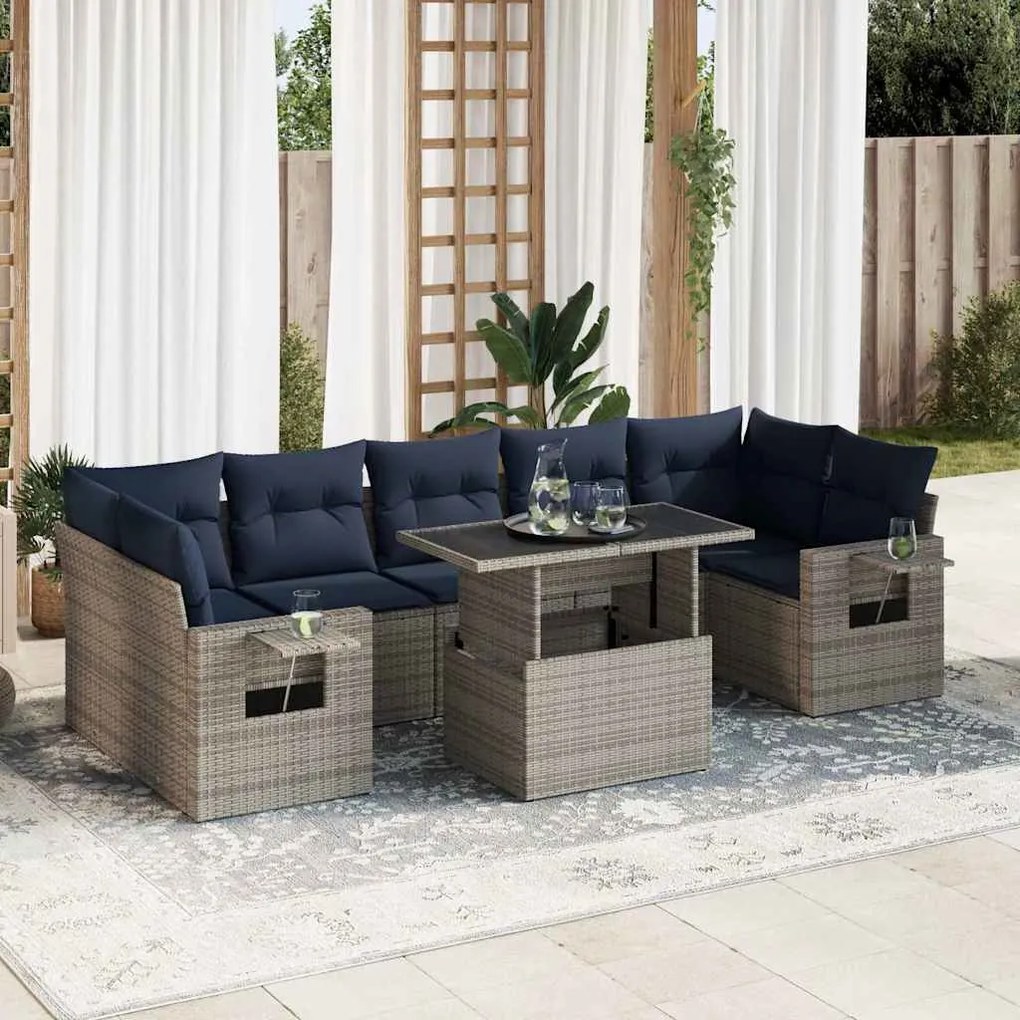 vidaXL Set mobilier grădină perne 8 piese gri, poliratan/lemn acacia