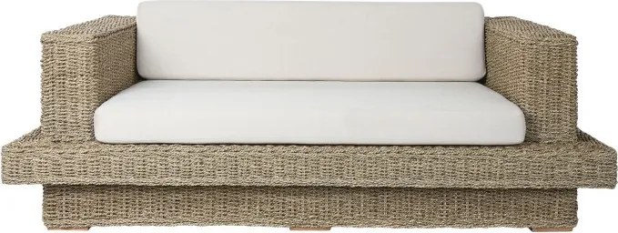 Set lounge exterior din fibre naturale împletite și structura din lemn de tec cu 2 canapele, măsuță de cafea și perne, „Borneo”