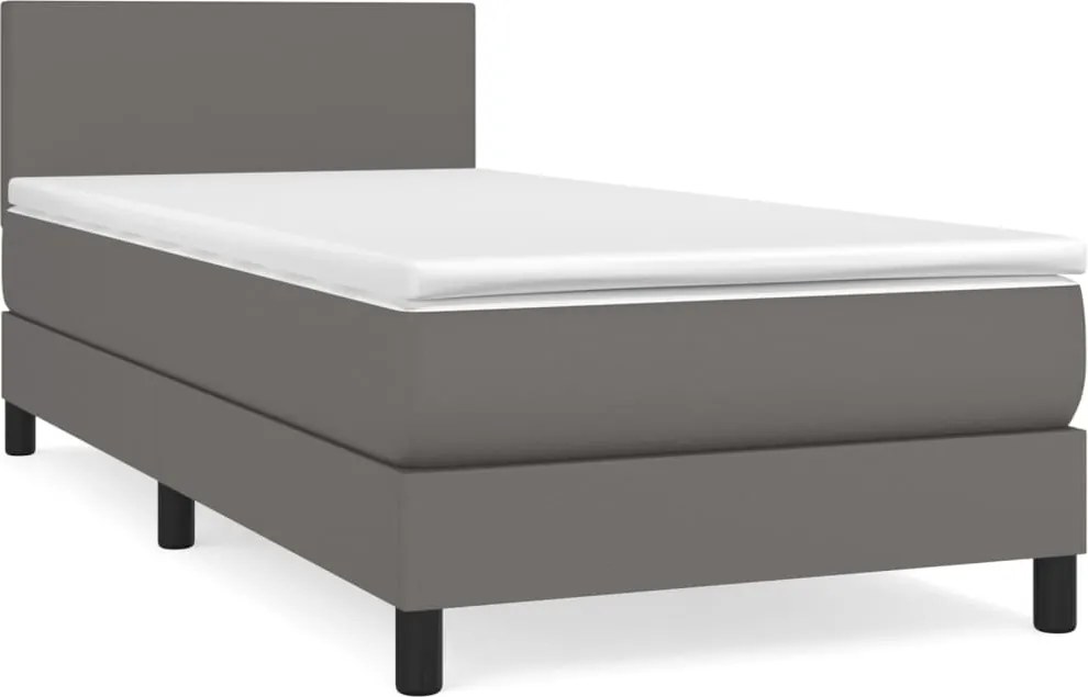 vidaXL Pat box spring cu saltea, gri, 90x200 cm, piele ecologică