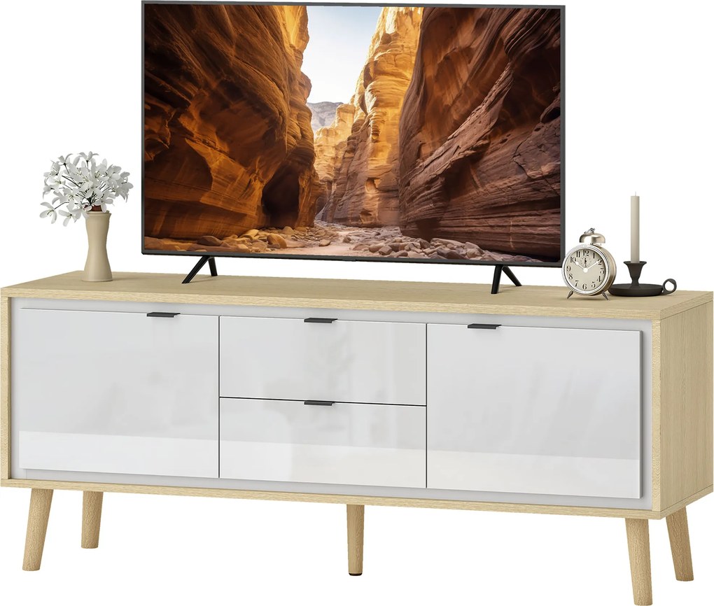 HOMCOM Dulap TV, pentru televizoare până la 140 cm, 2 uși lucioase, 2 sertare silențioase, 120 x 35 x 50 cm, alb | Aosom Romania