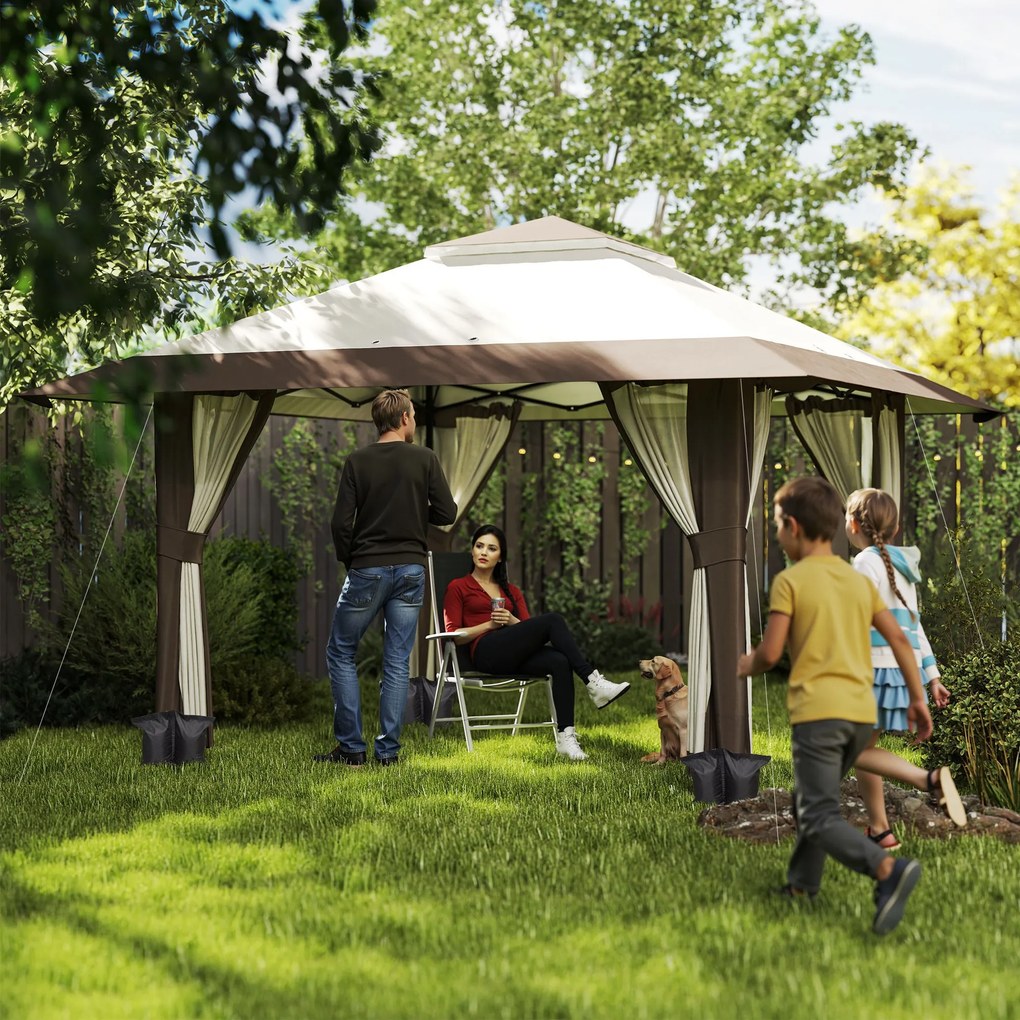 Outsunny Pavilion de grădină 4 x 4 m, cort de grădină cu pereți din plasă, protecție UPF50+, cort de petrecere cu înălțime reglabilă, Bej | Aosom Romania