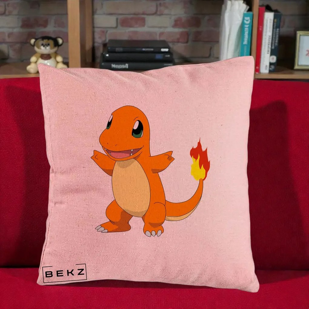 Perna Personalizata Charmander Pokemon, 40x40 cm, Roz, Husa Detasabila, Perna Inclusa, BEKZ®