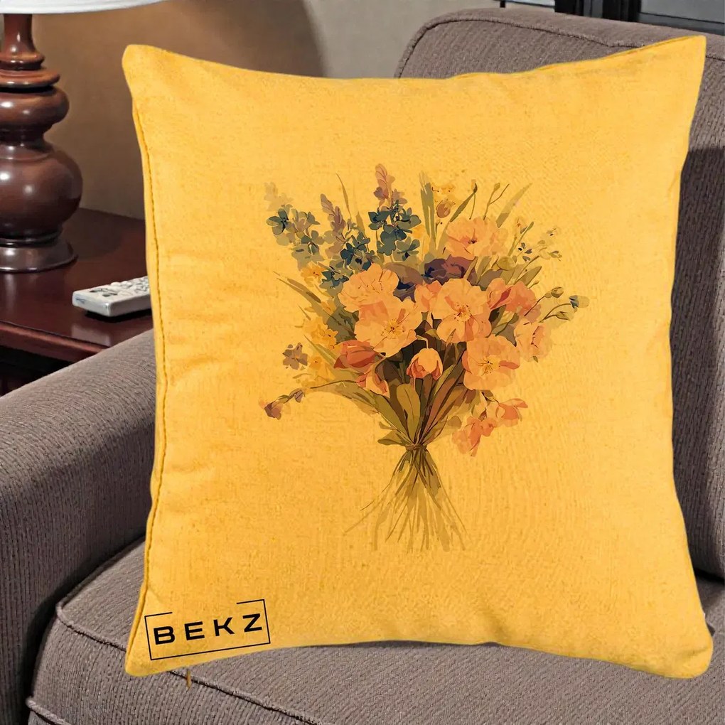 Perna Decorativa Buchet Floral Acuarela Primavara, 40x40 cm, Galben, Husa Detasabila, Perna Inclusa, BEKZ®