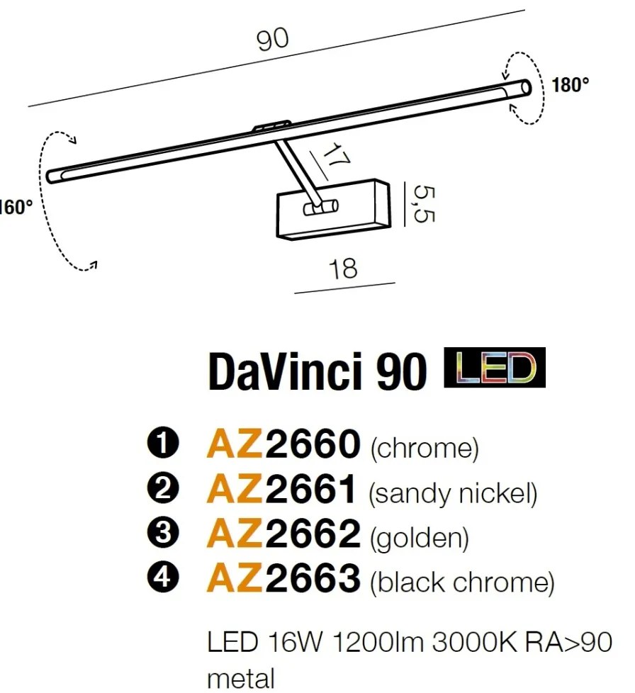 Aplica de perete LED pentru tablou cu brat directionabil DaVinci 90 crom