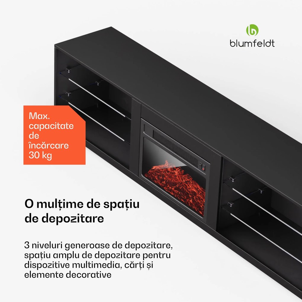 Blumfeldt Perth Medium Lowboard Dulap TV cu șemineu electric, 160 x 40 x 30 cm, LED