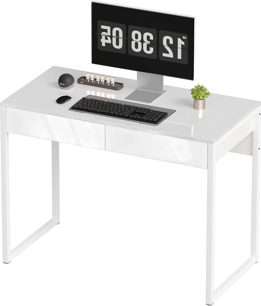 HOMCOM Birou Modern cu 2 Sertare și Picioare din Oțel, 100x50x75 cm, Alb Lucios | Aosom Romania