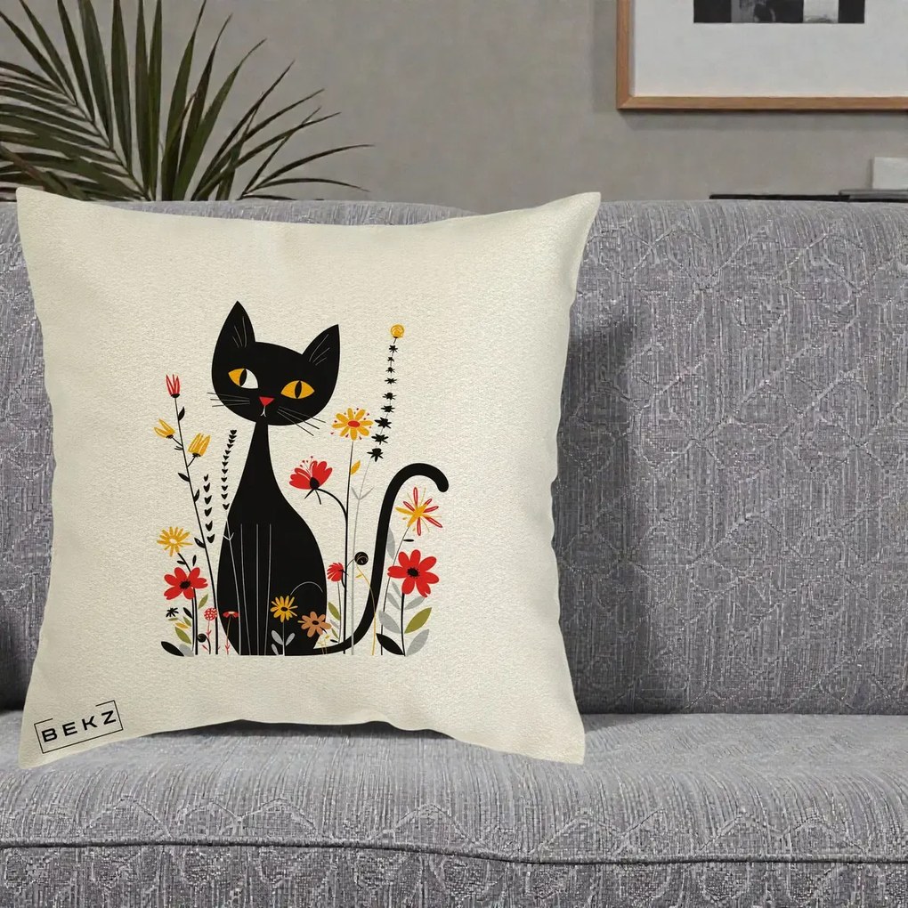 Perna Decorativa Pisica Neagra Ochi Galbeni Flori, 40x40 cm, Ecru, Husa Detasabila, Perna Inclusa, BEKZ®