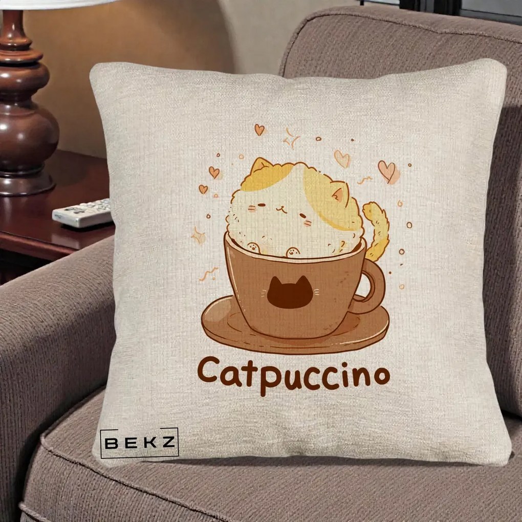 Perna Decorativa Catpuccino Pisica Cappuccino, 40x40 cm, Bej Canapea, Husa Detasabila, Perna Inclusa, BEKZ®