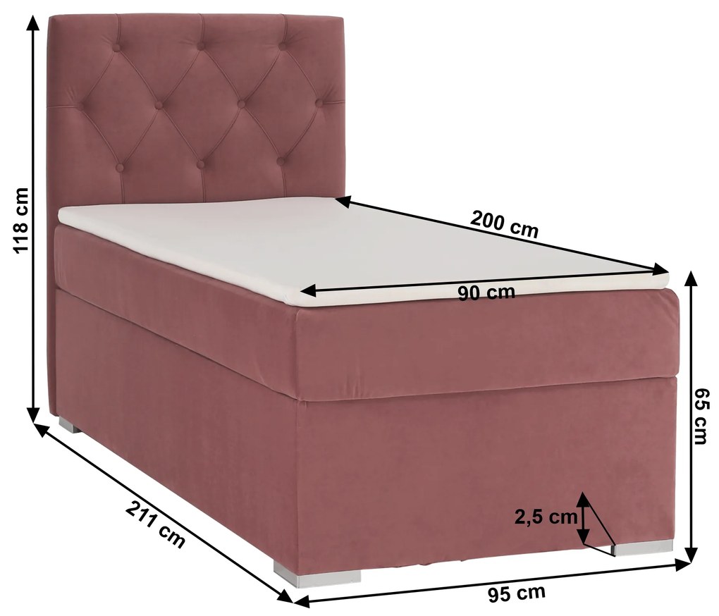 Pat boxspring, pat de o persoană, roz antic, 90x200, stânga, ESHLY