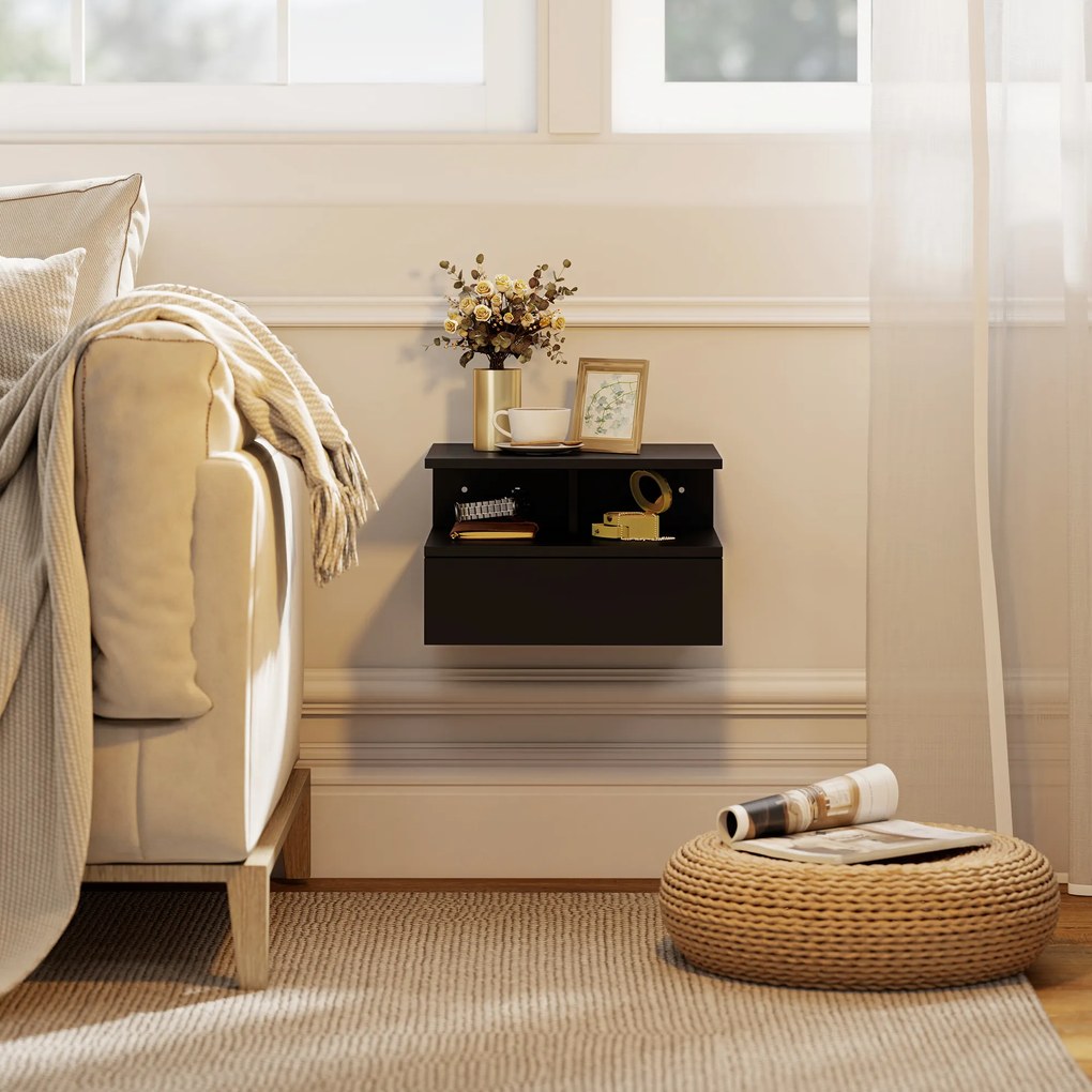 HOMCOM Set de 2 Noptiere Suspendate cu Sertar și Raft Deschis, 35x32x22.5 cm, Negru | Aosom Romania