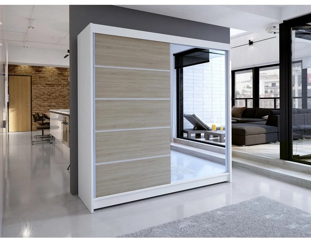Dulap de haine Bastian III (Alb + sonoma + oglindă) (iluminat LED rgb color). Promo -17%. 1054210