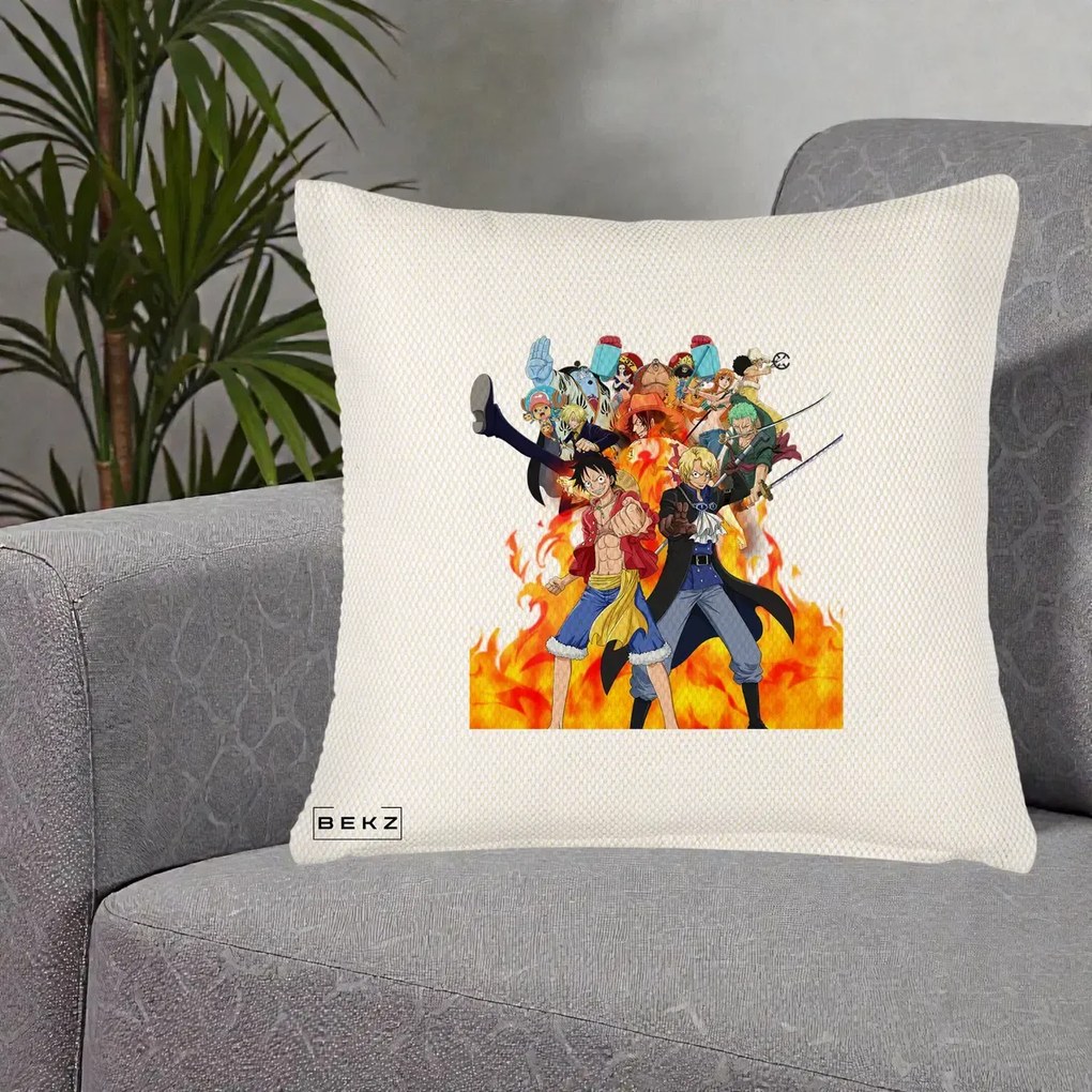 Perna Personalizata One Piece Echipa Straw Hat in Flacari, 40x40 cm, Crem Reliefat, Husa Detasabila, Perna Inclusa, BEKZ®