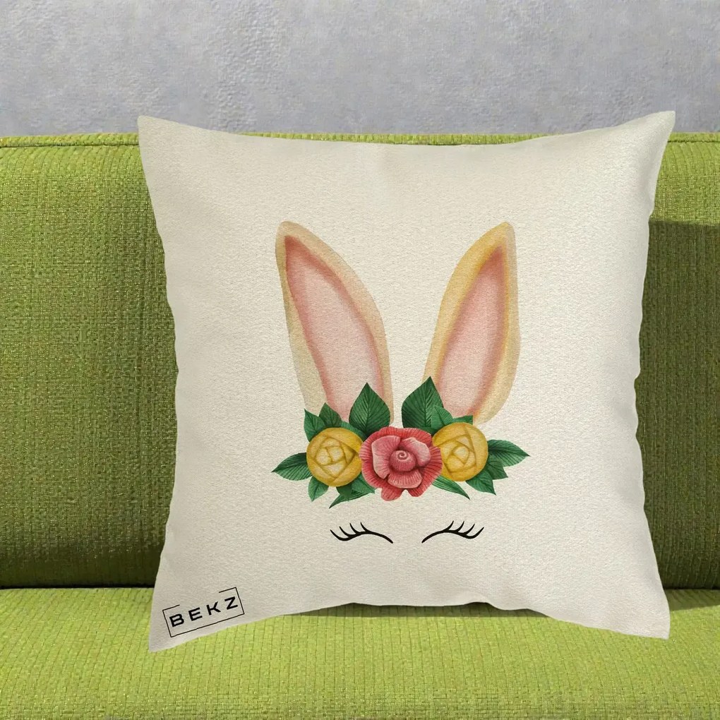 Perna Decorativa Iepuras Flori Urechi Pastelui, 40x40 cm, Ecru, Husa Detasabila, Perna Inclusa, BEKZ®