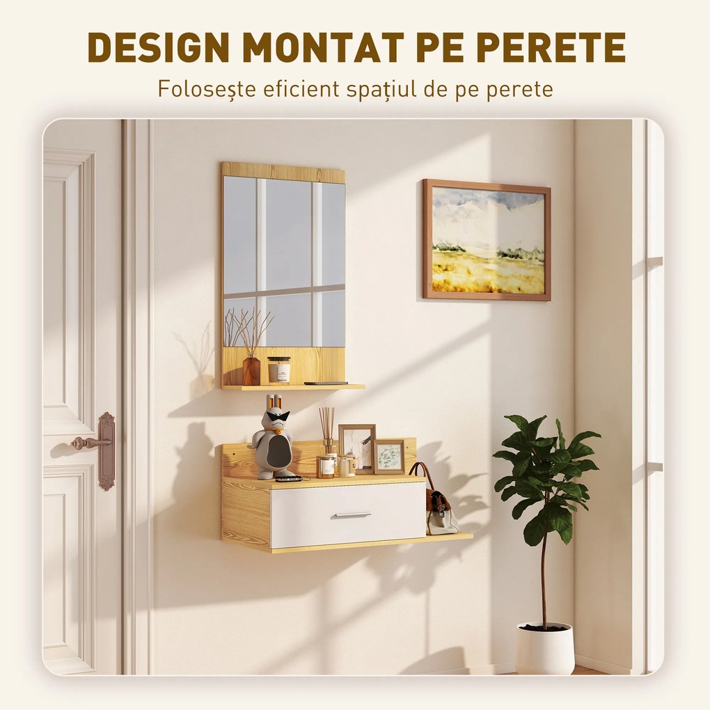 HOMCOM Set de Intrare cu Oglindă cu Raft și Dulap Suspendat cu Sertar și 2 Rafturi Deschise, din Lemn și Sticlă | Aosom Romania