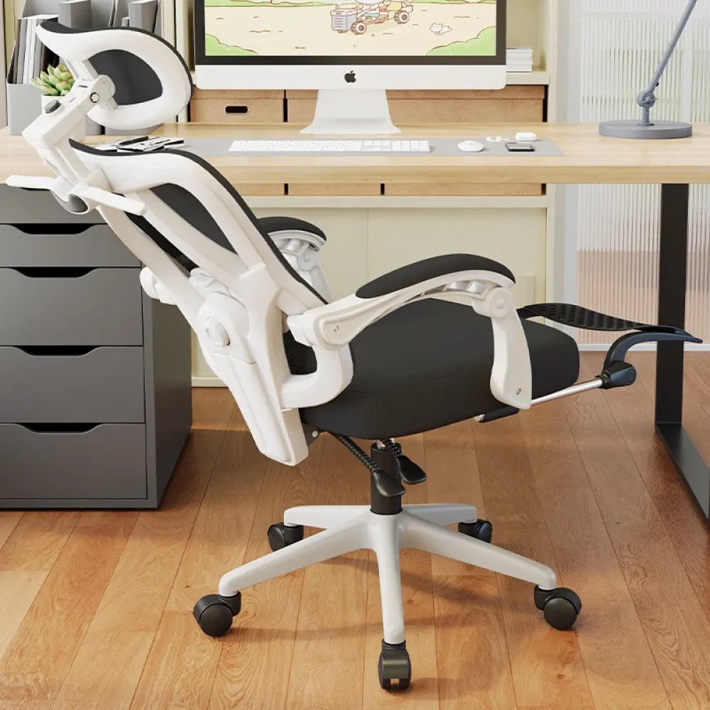 Scaun ergonomic cu suport lombar 4D, tetieră reglabilă 4D, pivotant 360°, suport pentru picioare, Alb/Negru