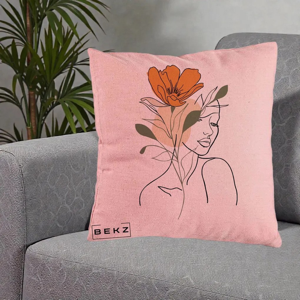 Perna Decorativa Portret Feminin Floare Portocalie, 40x40 cm, Roz, Husa Detasabila, Perna Inclusa, BEKZ®