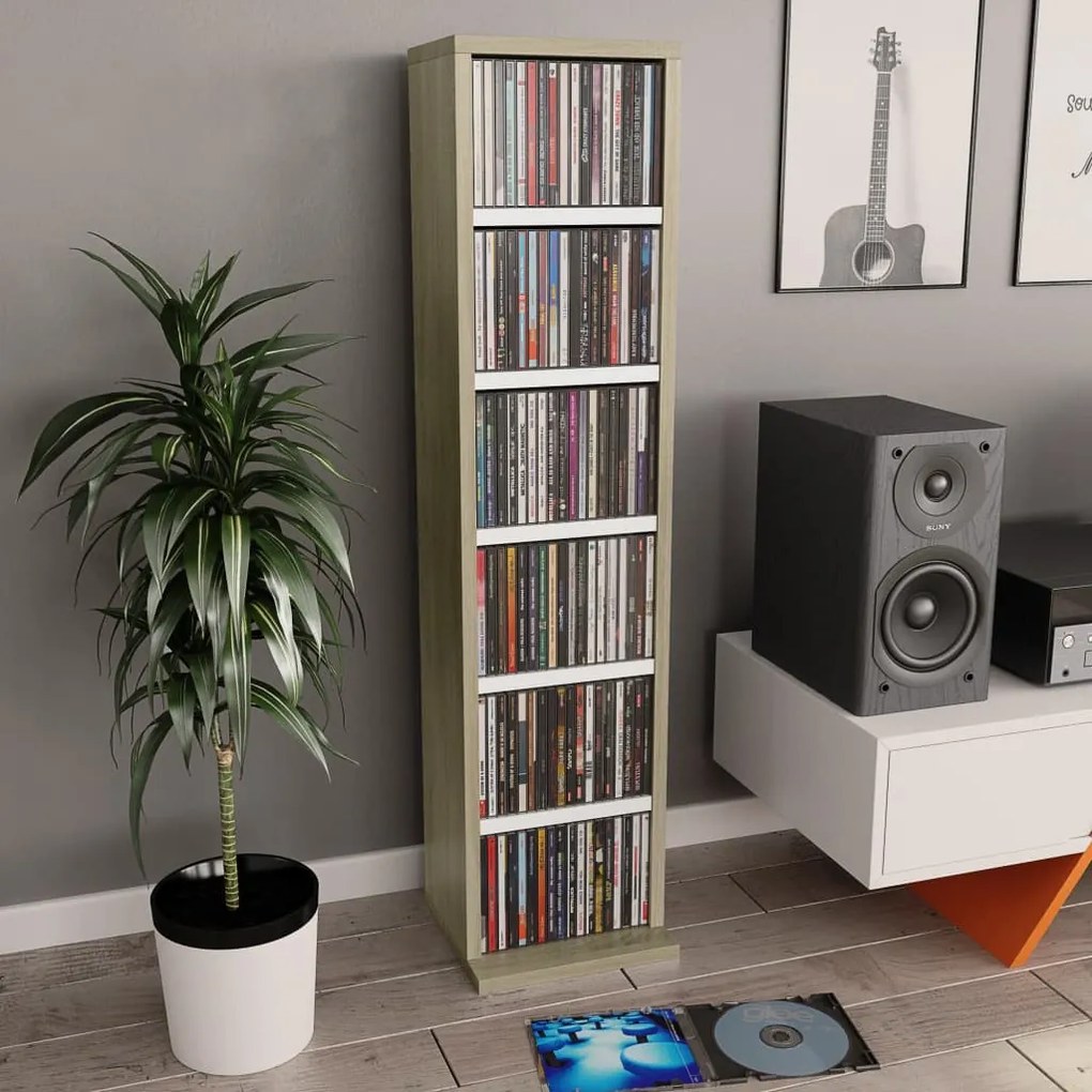 800356 vidaXL Dulap CD-uri, alb și stejar sonoma, 21x20x88 cm, lemn compozit