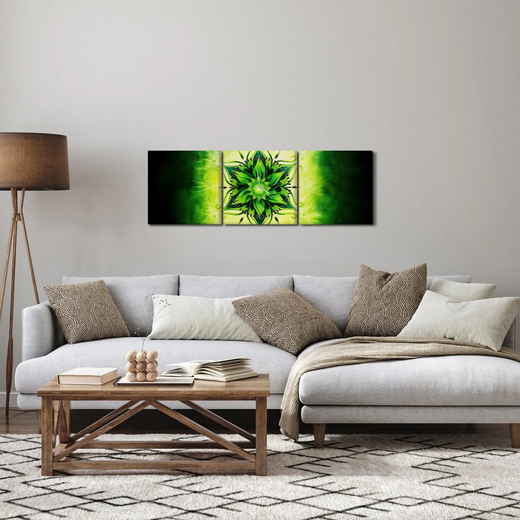 Tablou - Mandala de flori, fundal verde (cu ceas) (90x30 cm)
