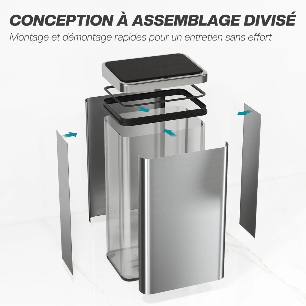 HOMCOM Coș de gunoi cu senzor de 50L, capac cu închidere lină, coș de gunoi automat din oțel inoxidabil, argintiu | Aosom Romania