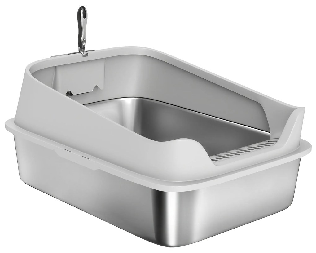 PawHut Arenero pentru Pisici din Oțel Inoxidabil XXL cu Margini Înalte Lopată Ușor de Curățat Test de Scurgeri 70x50x30 cm Gri | Aosom Romania