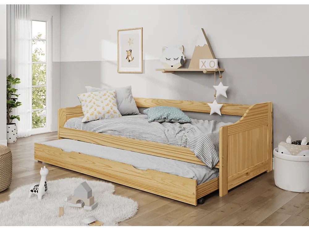 Pat cu pat suplimentar extensibil, natural, din lemn masiv, 90x200, LAURA NEW