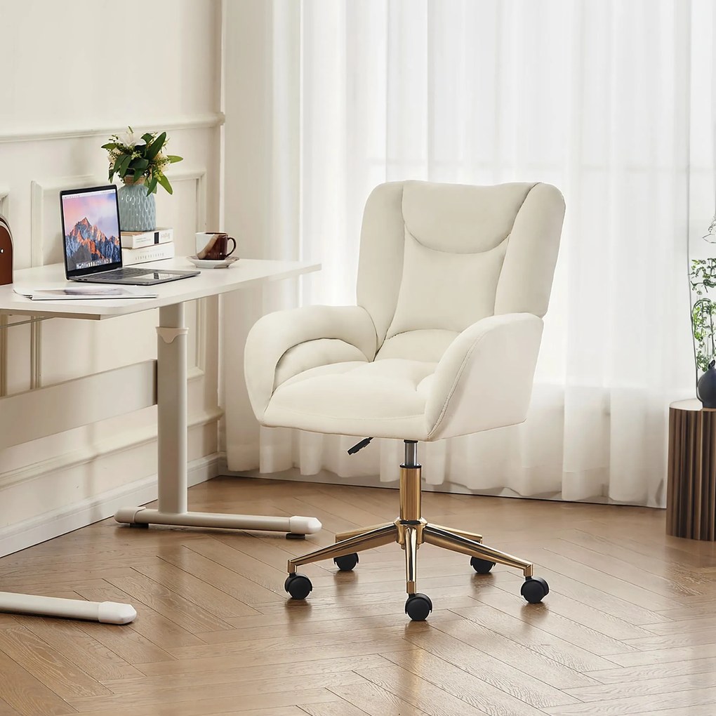 Scaun rotativ reglabil pe înălțime, din material de catifea și picioare aurii, design ergonomic, pentru birou, dormitor, 62x64x88-97 cm, Fildeș