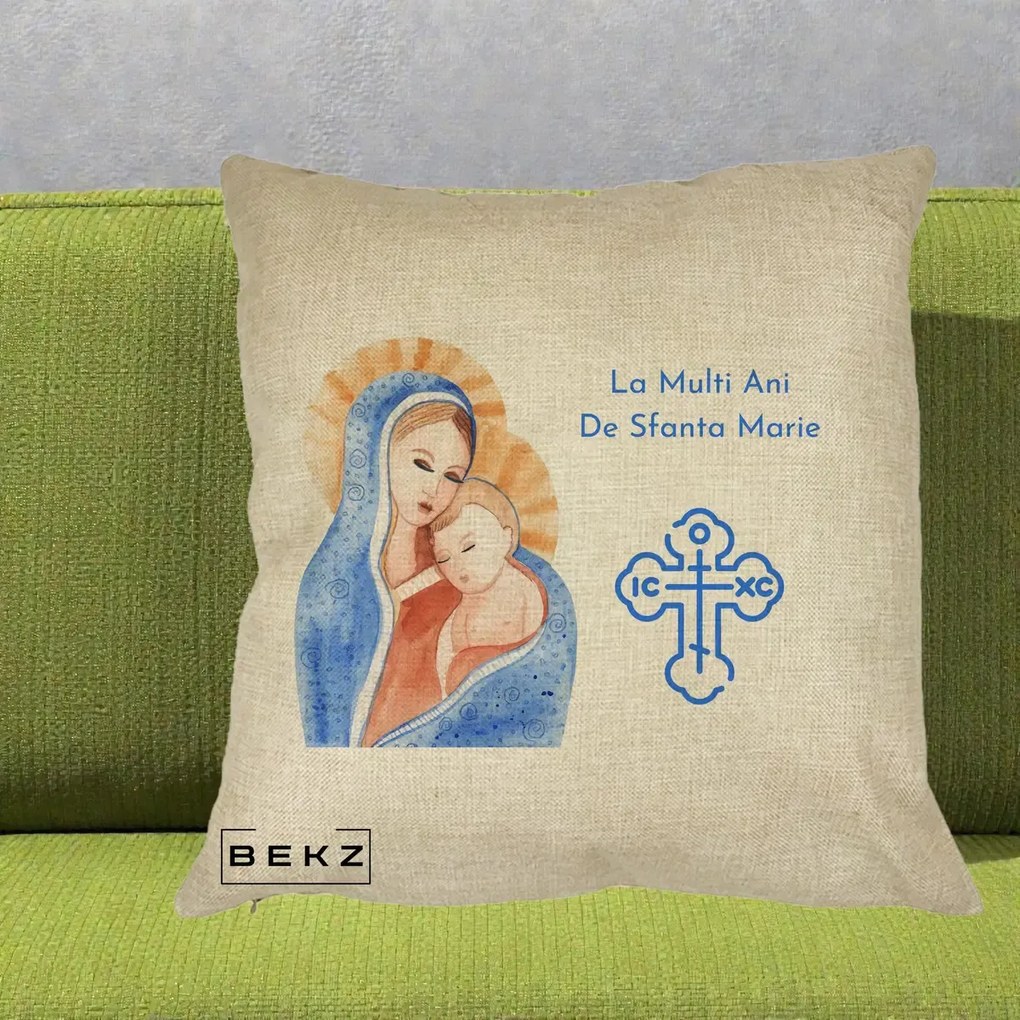 Cadou de Onomastica - Perna Personalizata Sfanta Marie Icoana Acuarela, 40x40 cm, Crem, Husa Detasabila, Perna Inclusa, BEKZ®