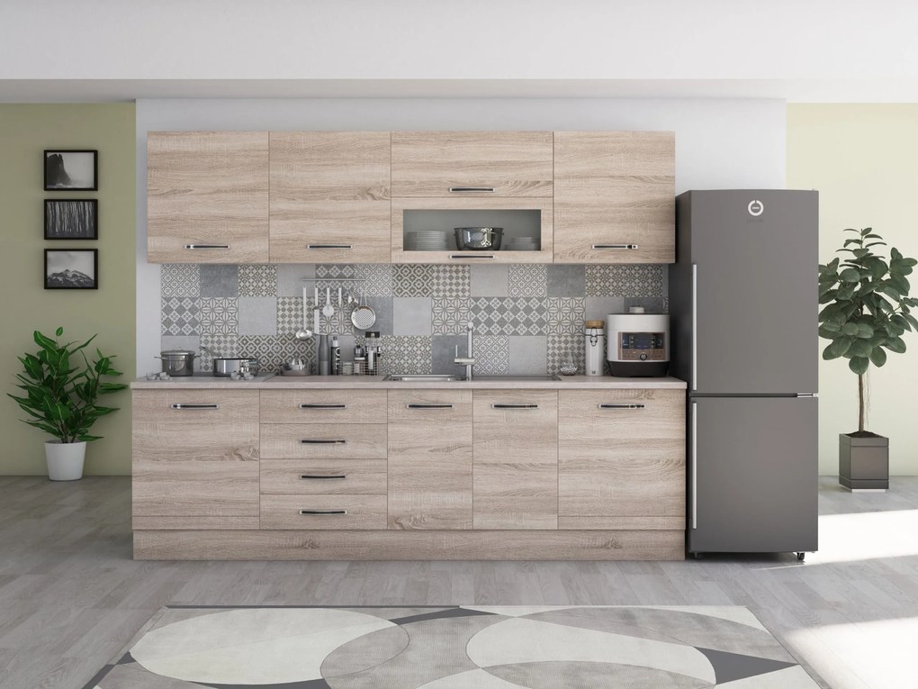 Bucatarie Alfabet cu corp vitrina, 260 cm, Sonoma